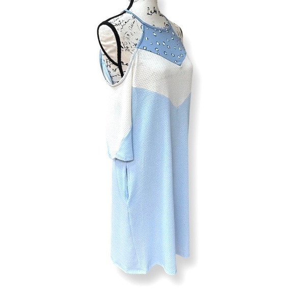 Leopard Detail Blue & White Cold Shoulder Dress Pockets S - Picture 10 of 14